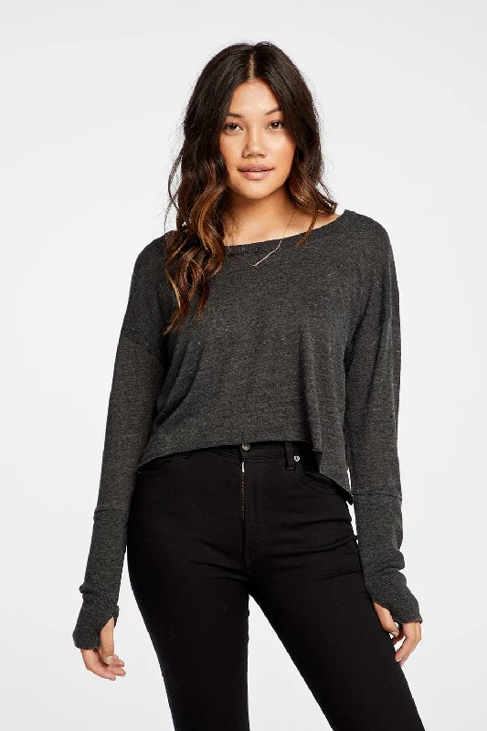 Triblend Jersey Cropped Open Neck Long Sleeve Thumbhole Tee