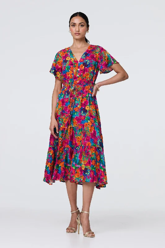 Floral Short Sleeve Tie Waist Dress