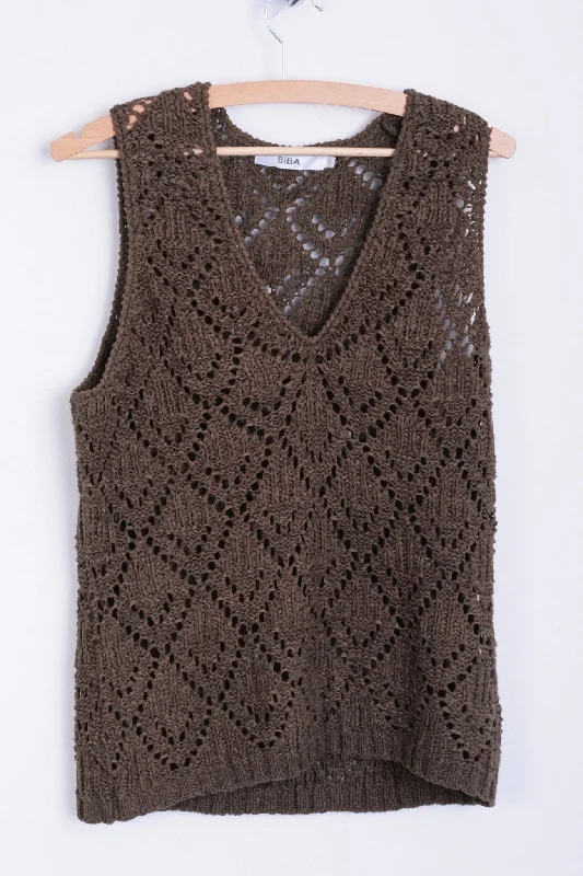 BlazerteamBiba Womens 3 M Sleeveless Brown Knitted Top Vest Retro