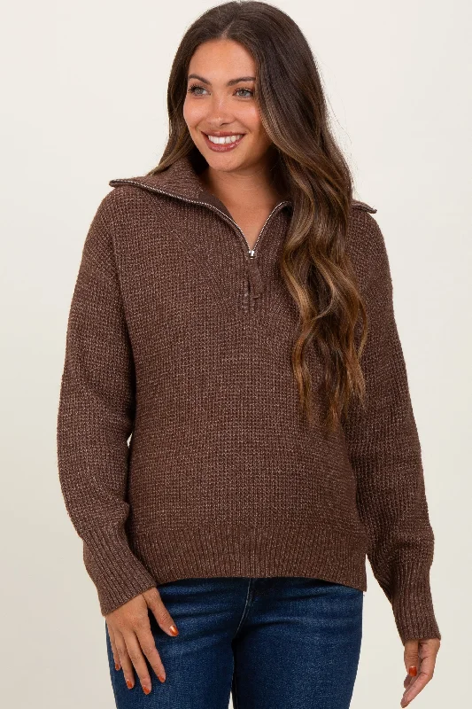 Brown Half Zip Maternity Pullover Sweater