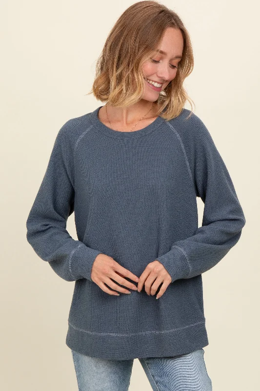 Light Navy Crewneck Waffle Knit Pullover Top