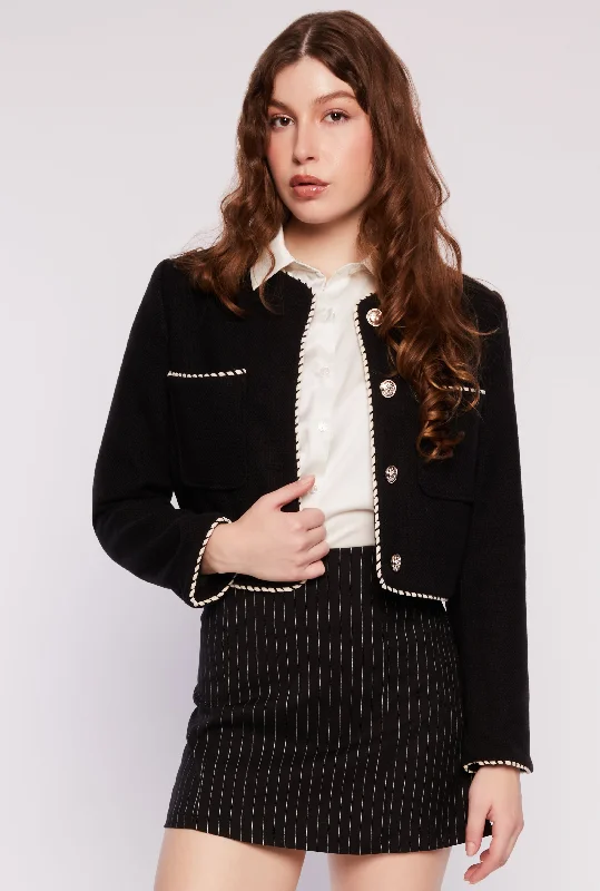 BlazerplayoffTweed Contrast Stitch Button Front Blazer