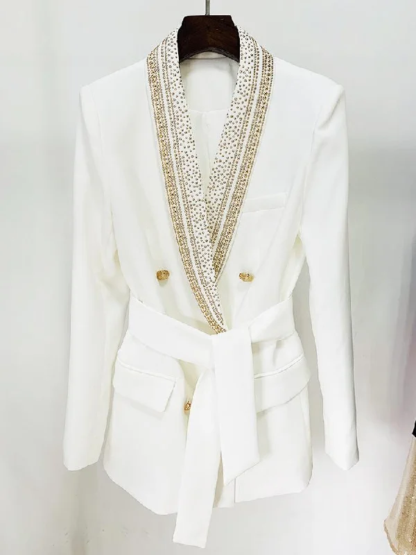 Dahlia White Tie Waist Blazer with Stud Collar