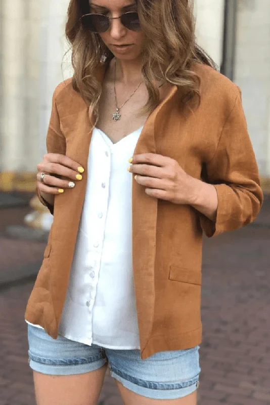 Casual Linen Blazer - Short Bronzer Linen Jacket - Linen Blazer with 3/4 Sleeves